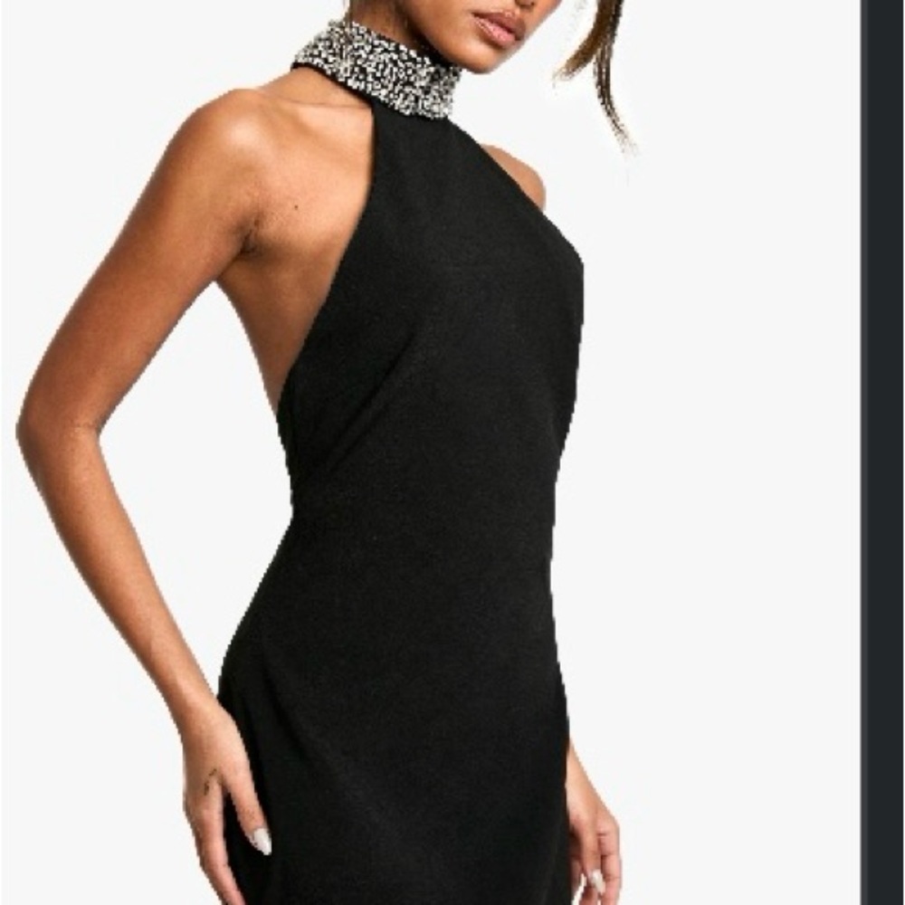 Boohoo Black and Silver Embellished Halter Sheath Dress